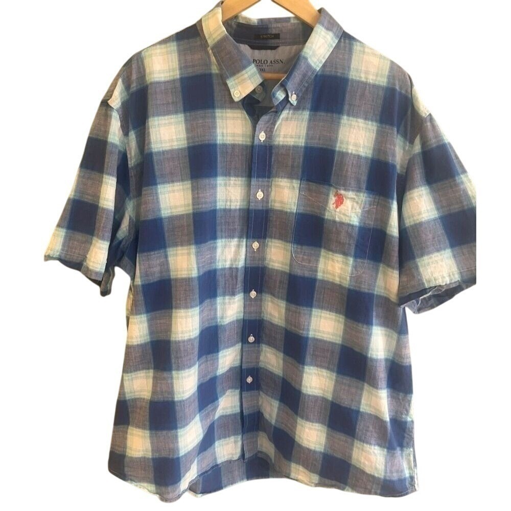 U S Polo Assn Blue Checkered Button Down Cotton Shirt Stretch Size 3 XL Men's